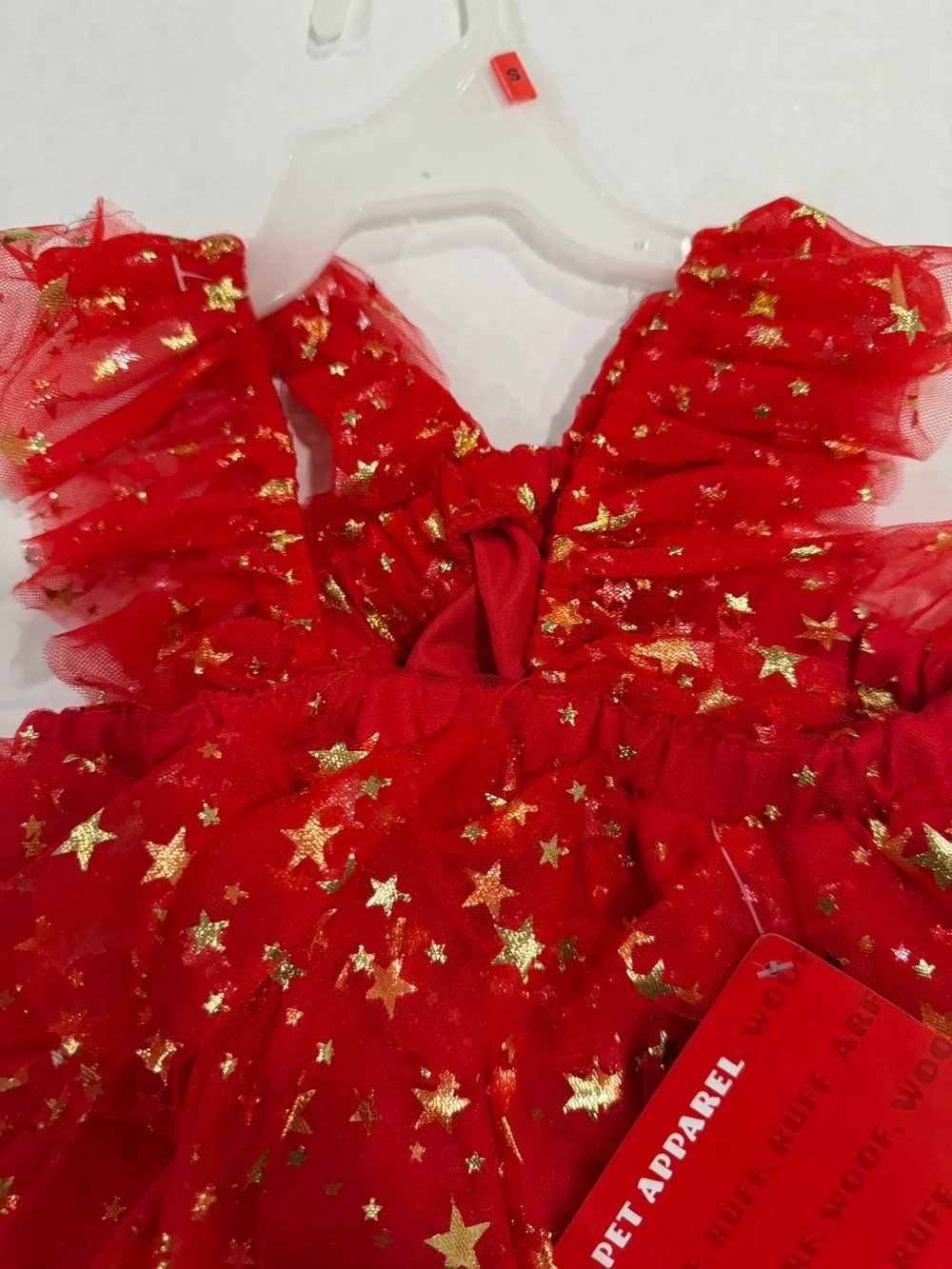 NWT Pet Apparel Sz S Festive Red Gold Star Print Ruffle TrimTulle Dress for Dogs